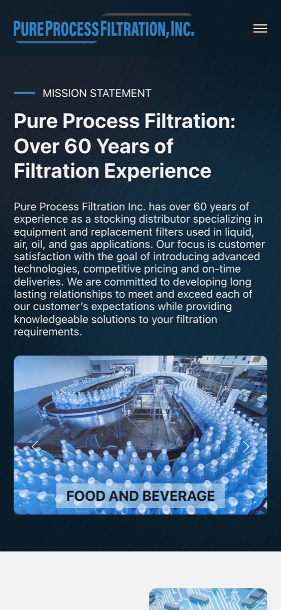 Pure Process Filtration homepage on a phone