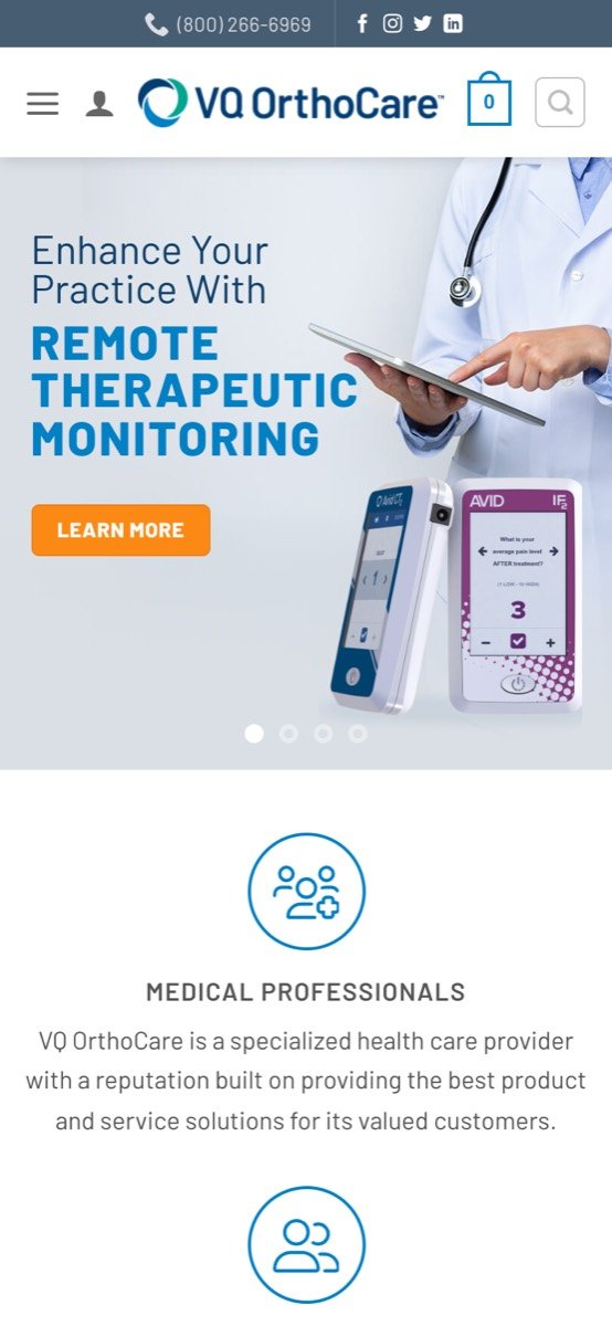 VQ OrthoCare homepage on a phone